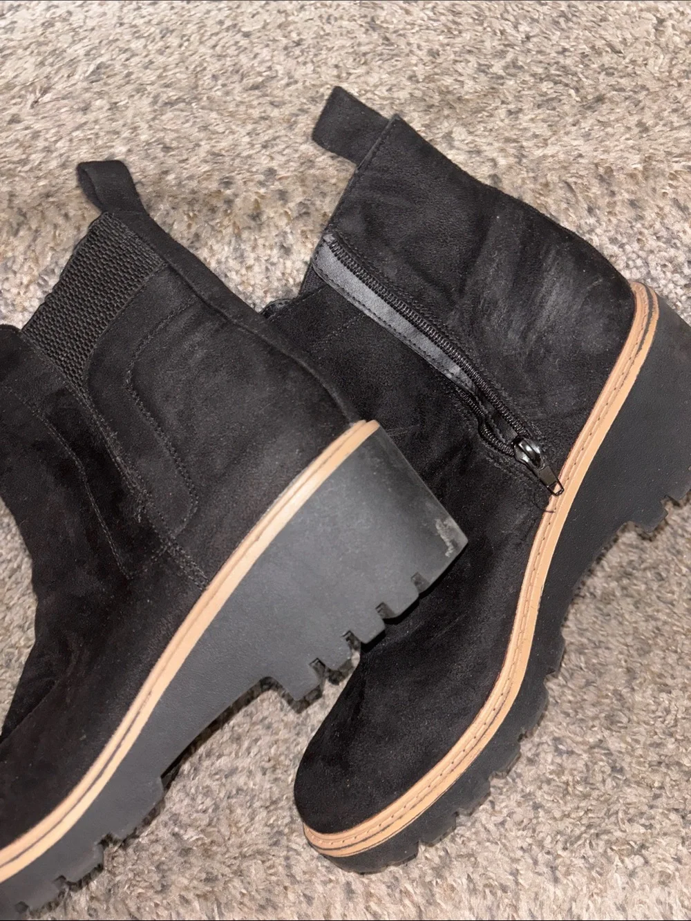 Maurices Black Suede Wedge Ankle Booties with Tan Trim